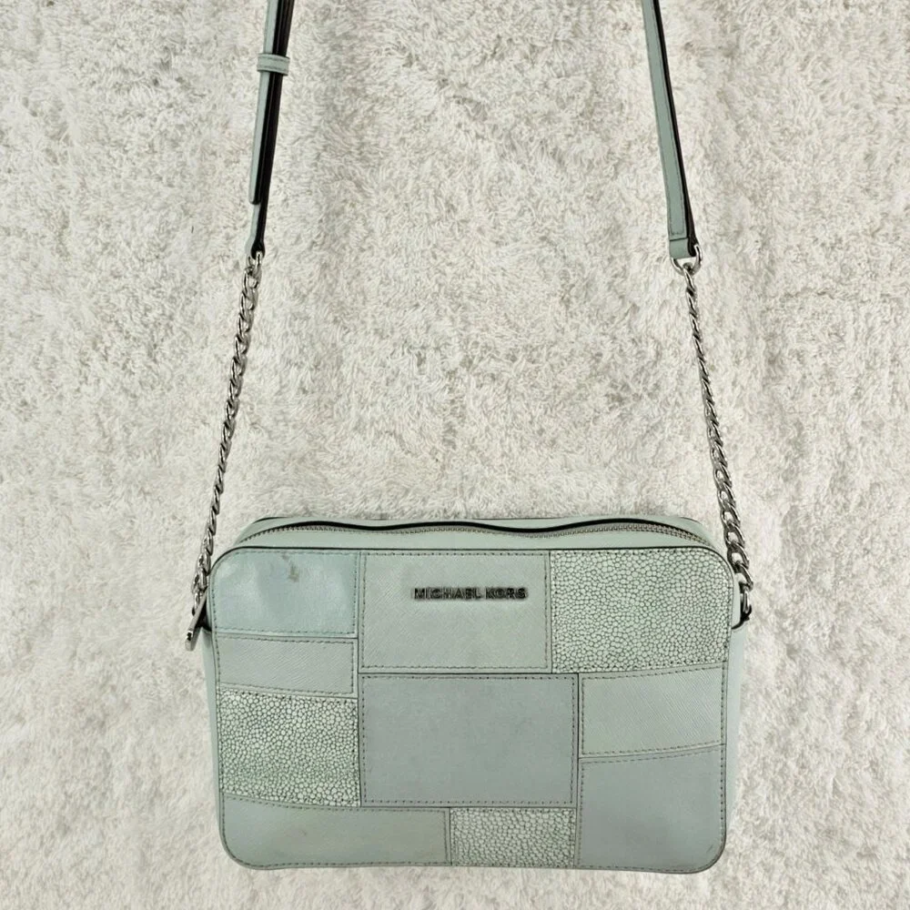 MICHAEL KORS Mint Green Patchwork Tiles Jet Set Camera Crossbody Bag Chain Strap